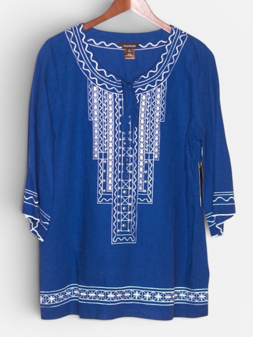 MULTIPLES Embroidered Tunic Top SMALL Blue